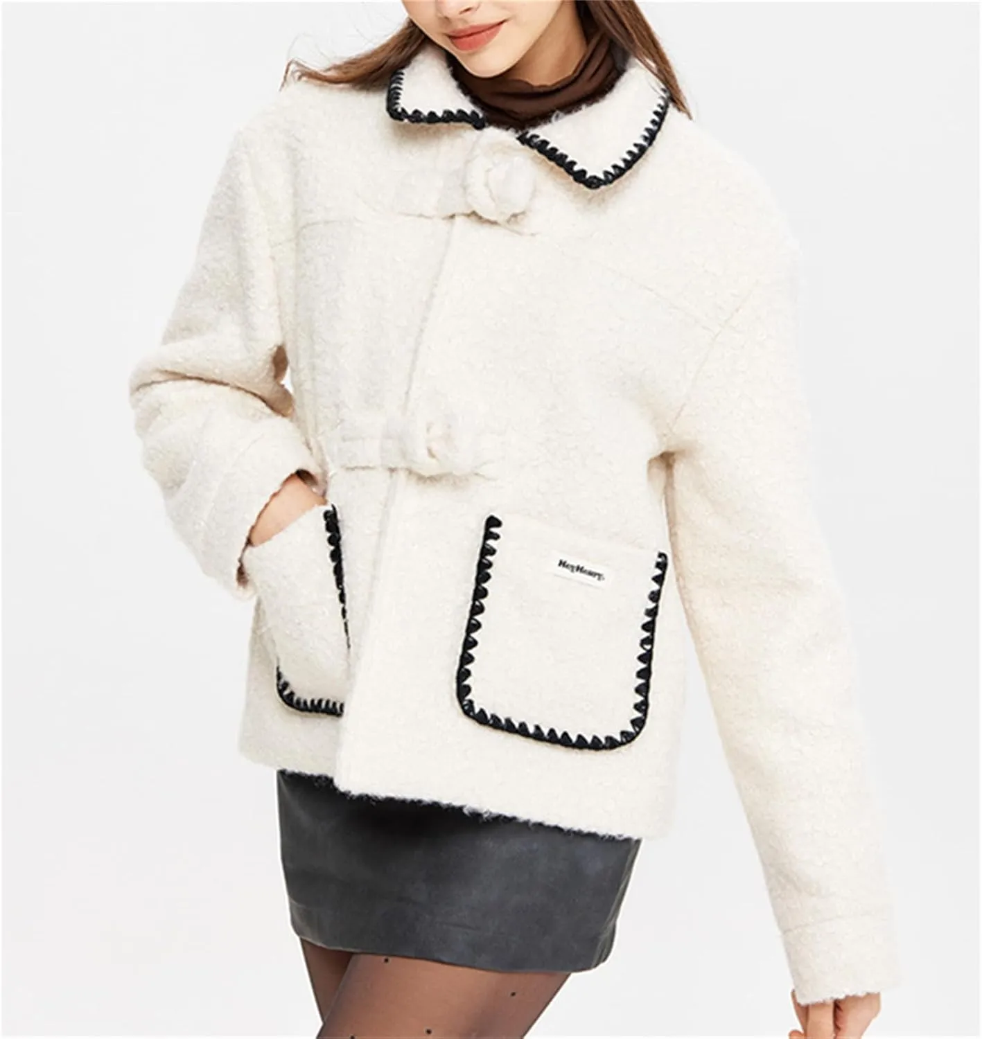 HOULENGS Women's Wool Blend Long Sleeve Coat Outwear Button Down Lapel Polar Fleece Jacket with Pockets