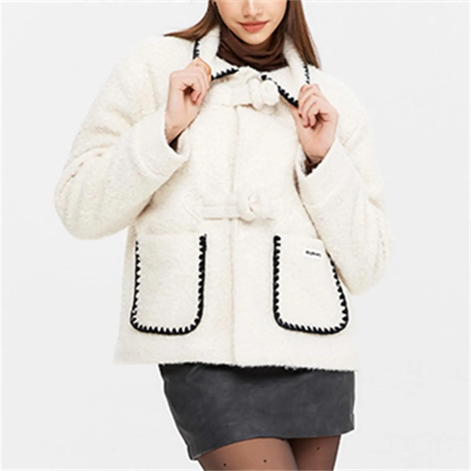HOULENGS Women's Wool Blend Long Sleeve Coat Outwear Button Down Lapel Polar Fleece Jacket with Pockets