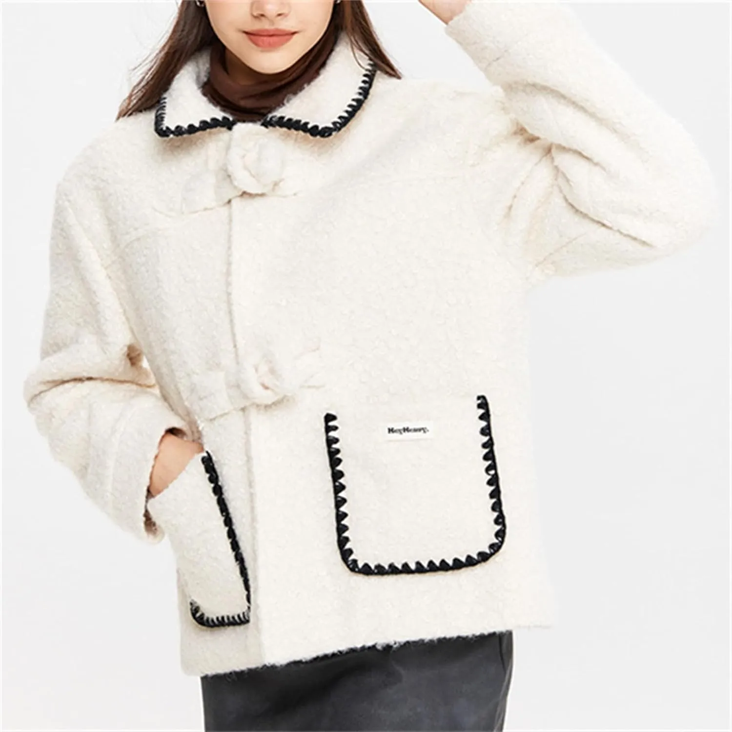 HOULENGS Women's Wool Blend Long Sleeve Coat Outwear Button Down Lapel Polar Fleece Jacket with Pockets