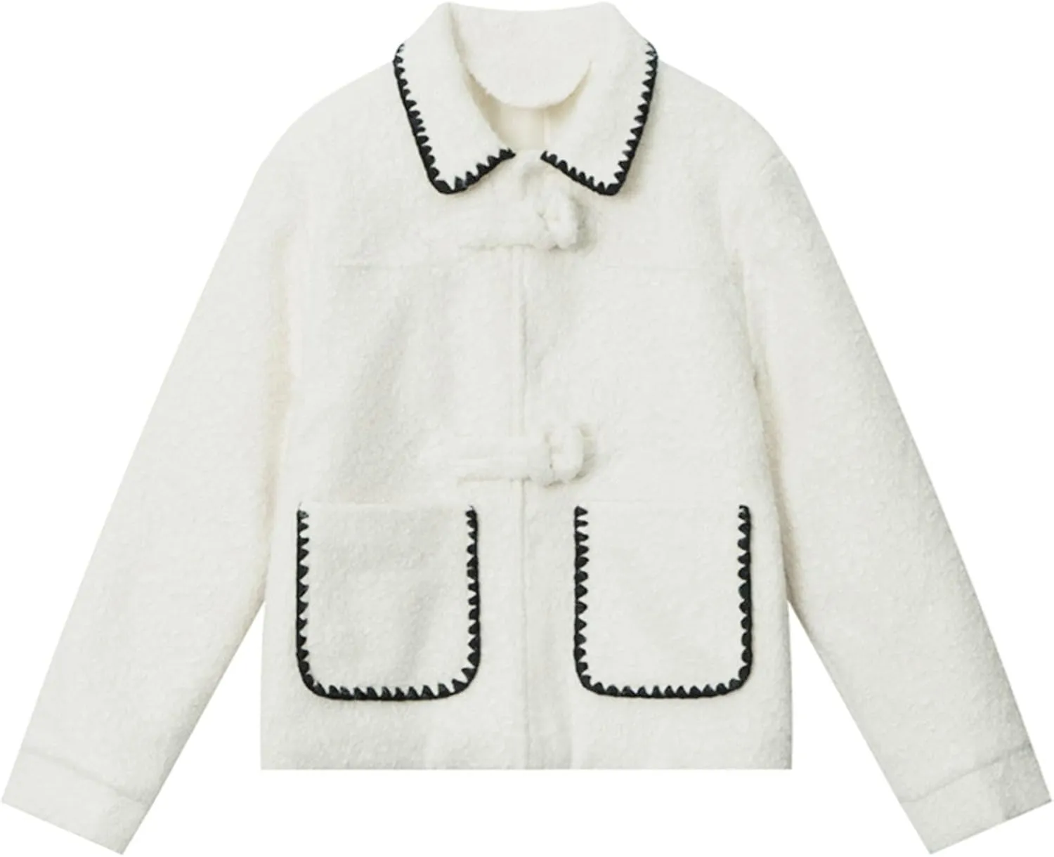 HOULENGS Women's Wool Blend Long Sleeve Coat Outwear Button Down Lapel Polar Fleece Jacket with Pockets