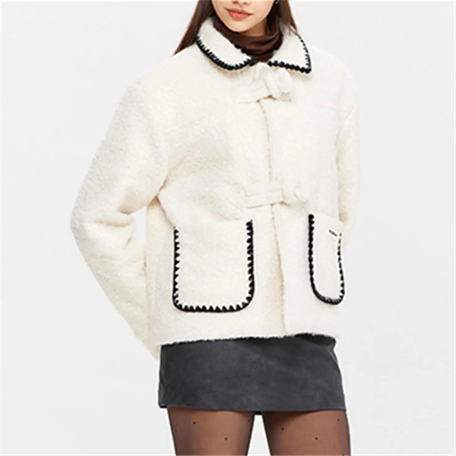 HOULENGS Women's Wool Blend Long Sleeve Coat Outwear Button Down Lapel Polar Fleece Jacket with Pockets