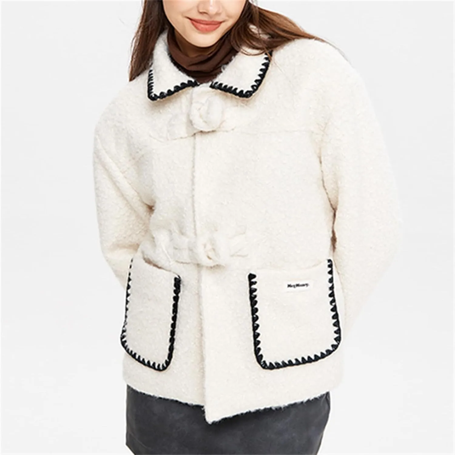 HOULENGS Women's Wool Blend Long Sleeve Coat Outwear Button Down Lapel Polar Fleece Jacket with Pockets