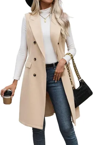 IDEALSANXUN Womens Long Wool Vest Fall Winter Sleeveless Blazer Jackets Trench Coat Outerwear Tops