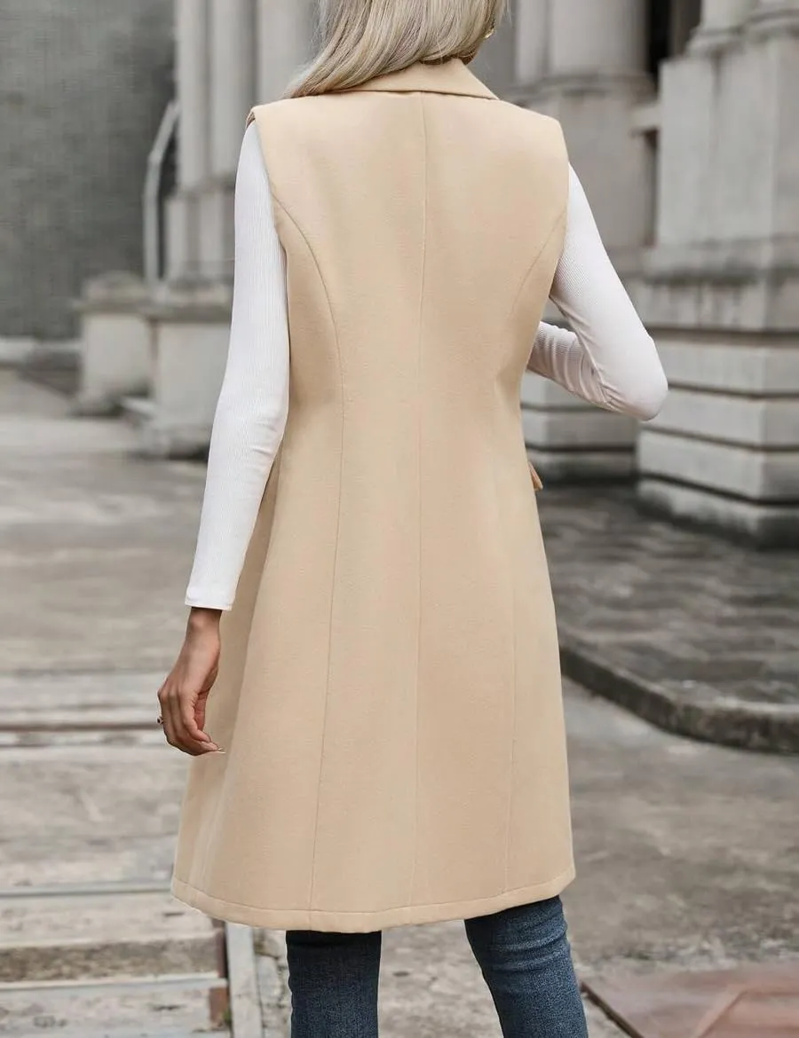 IDEALSANXUN Womens Long Wool Vest Fall Winter Sleeveless Blazer Jackets Trench Coat Outerwear Tops