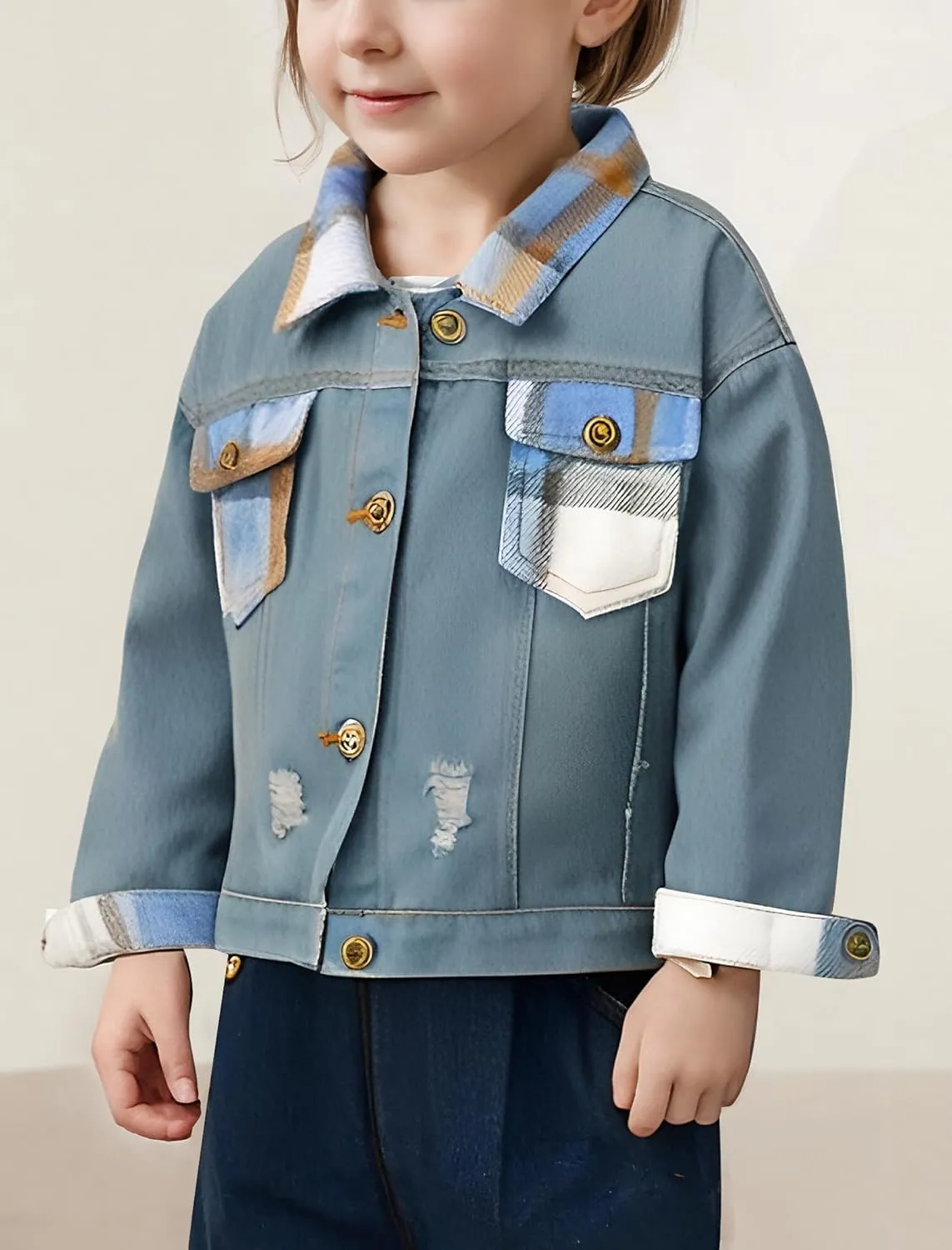 IDOPIP Toddler Kids Baby Boy Girl Denim Jacket Long Sleeve Plaid Button Down Jeans Coat Cowboy Overcoat Basic Casual Outwear