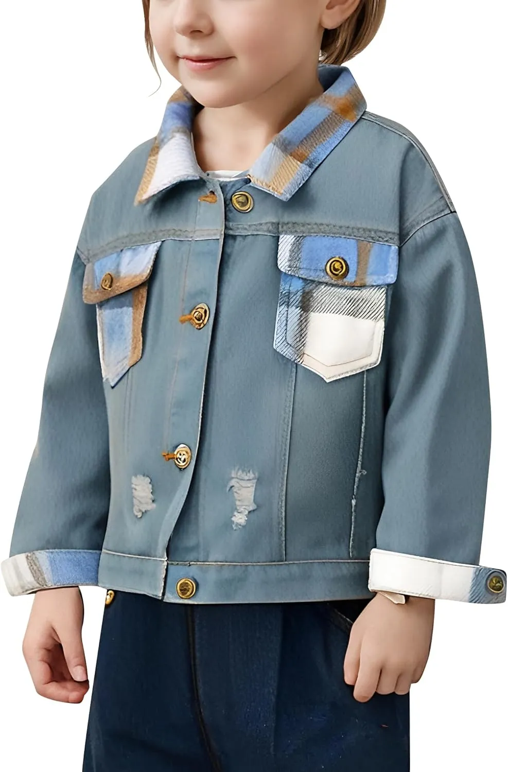 IDOPIP Toddler Kids Baby Boy Girl Denim Jacket Long Sleeve Plaid Button Down Jeans Coat Cowboy Overcoat Basic Casual Outwear