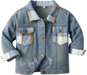 IDOPIP Toddler Kids Baby Boy Girl Denim Jacket Long Sleeve Plaid Button Down Jeans Coat Cowboy Overcoat Basic Casual Outwear