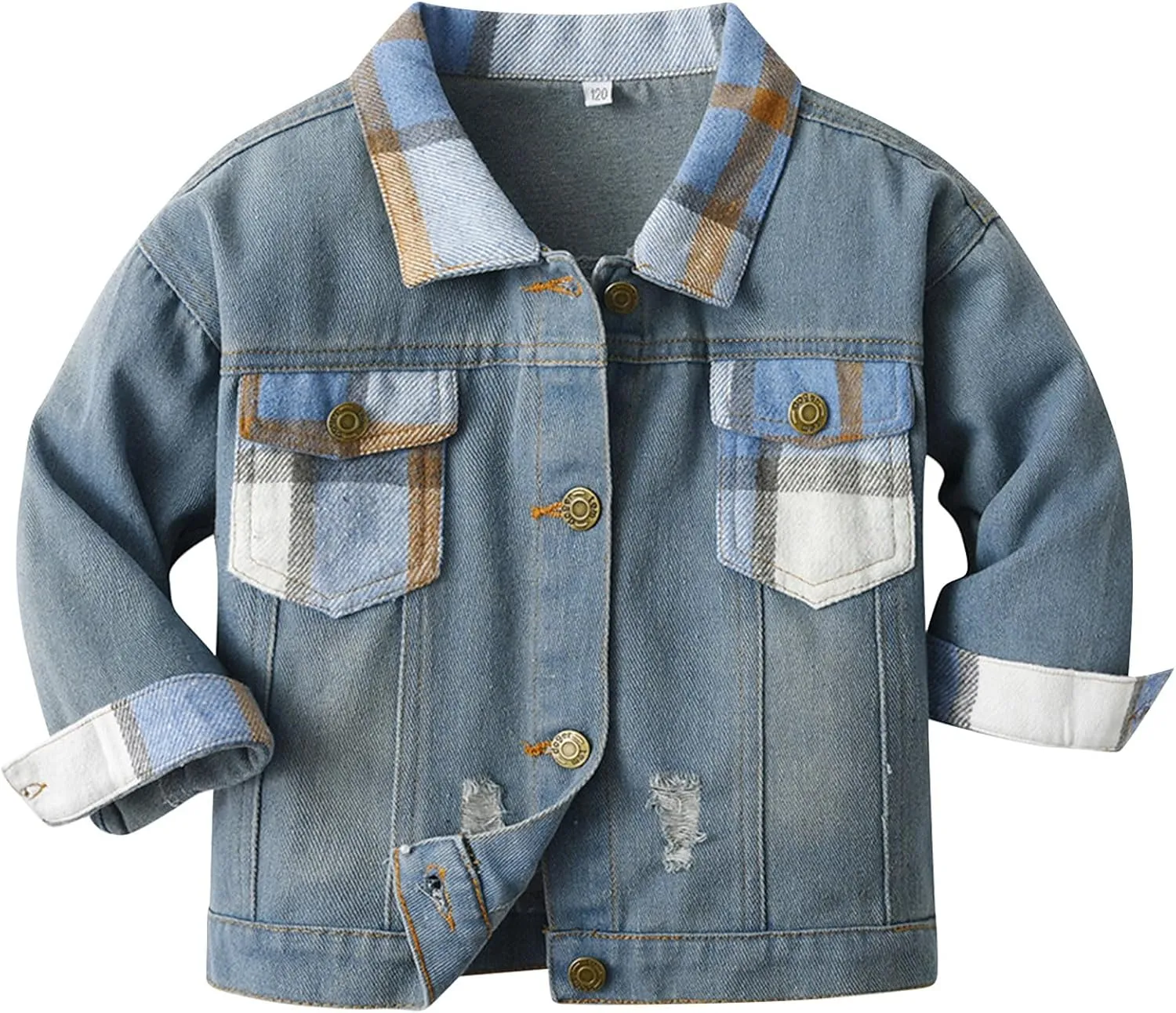 IDOPIP Toddler Kids Baby Boy Girl Denim Jacket Long Sleeve Plaid Button Down Jeans Coat Cowboy Overcoat Basic Casual Outwear