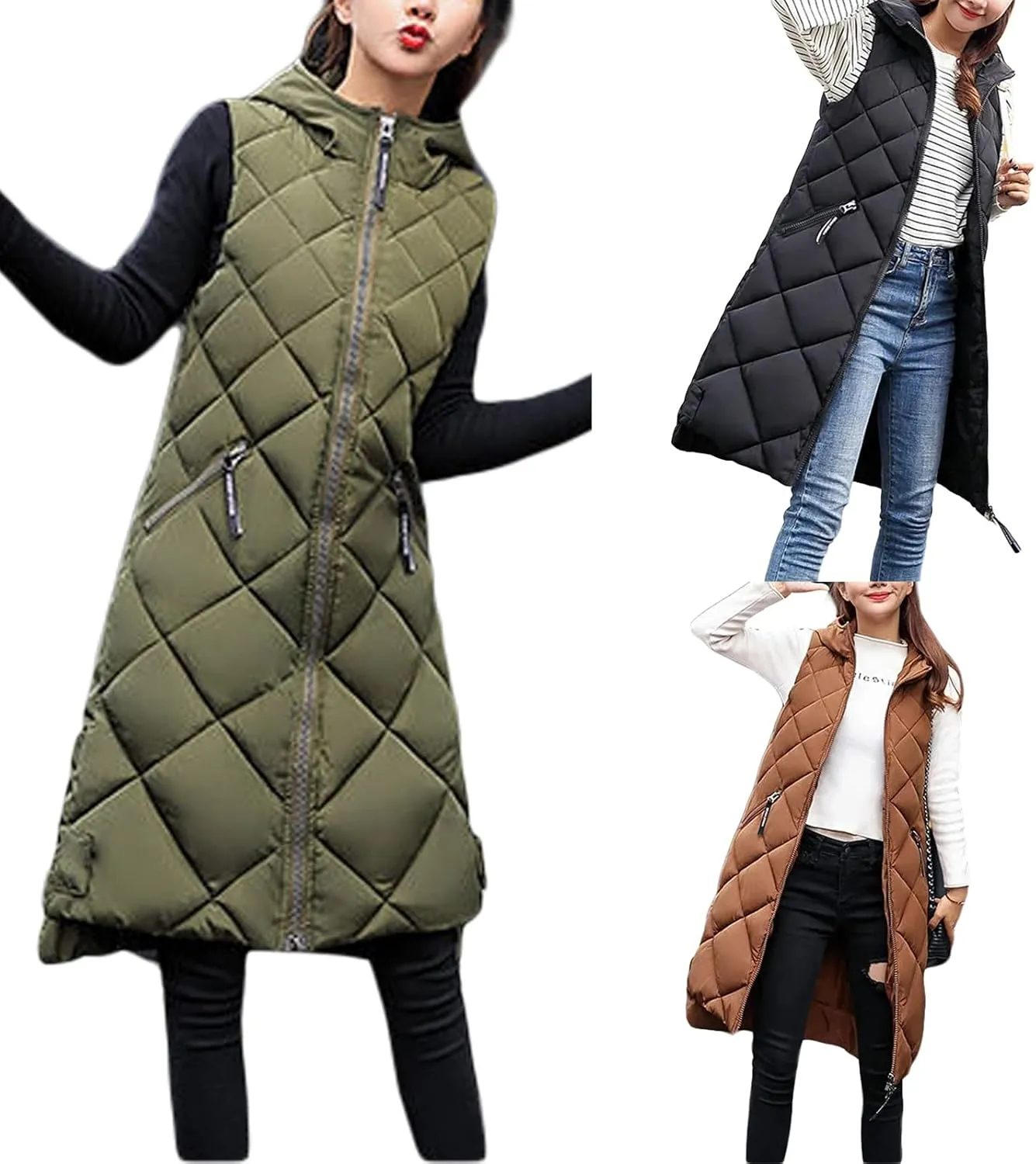IMISSILLEB Women's Long Puffer Vest Hooded Coats Thick Sleeveless Full-Zip Jacket Fall Winter Coat Outerwear with Pockets
