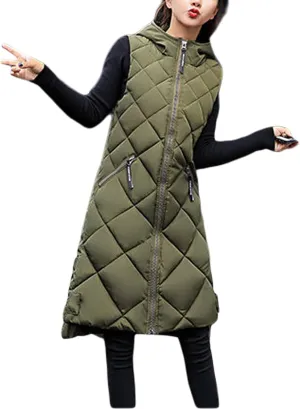 IMISSILLEB Women's Long Puffer Vest Hooded Coats Thick Sleeveless Full-Zip Jacket Fall Winter Coat Outerwear with Pockets