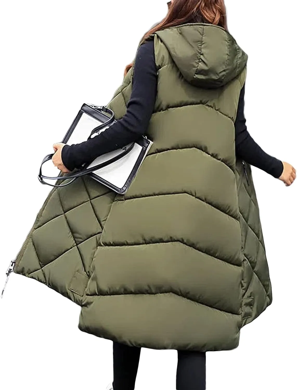 IMISSILLEB Women's Long Puffer Vest Hooded Coats Thick Sleeveless Full-Zip Jacket Fall Winter Coat Outerwear with Pockets
