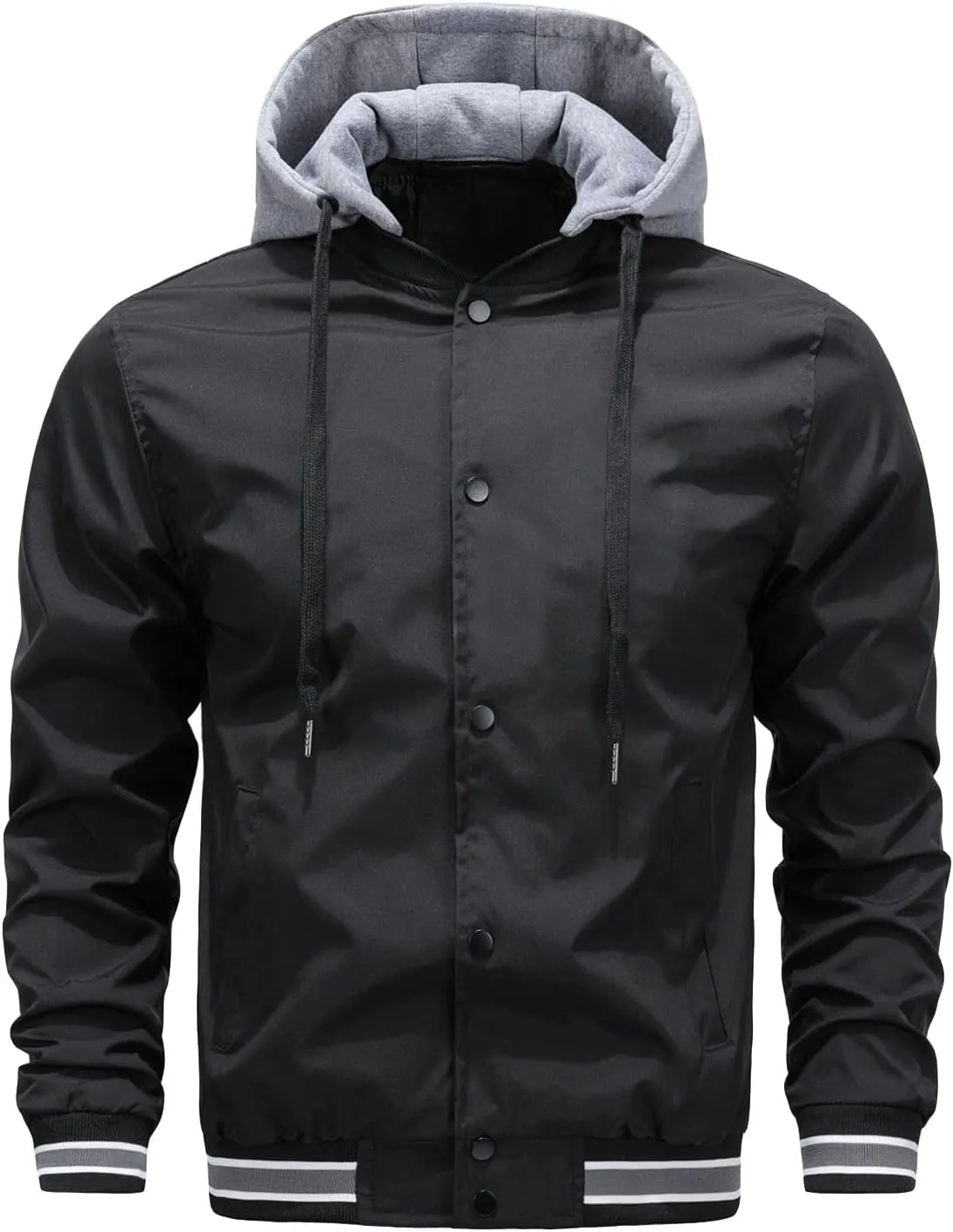 JEShifangjiusu Men's Heavyweight Hooded Puffer Coat Autumn Buttons Down Hooded Jacket Fashion Drawstring Winter Coat, Black, X-Large