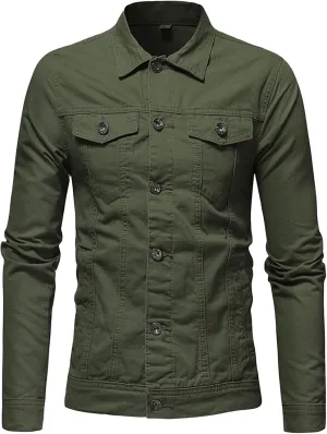 JEShifangjiusu Men's Lapel Denim Jean Fashion Long Sleeve Trucker Jacket Coats Casual Vintage Button Slim Fit Jeans Overcoat, Army Green, Medium