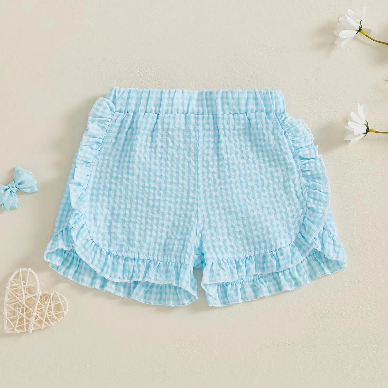 Karuedoo Toddler Baby Girl Shorts Casual Summer Gingham Plaid/Seersucker Elastic Waist Ruffle Hem Shorts Bottoms