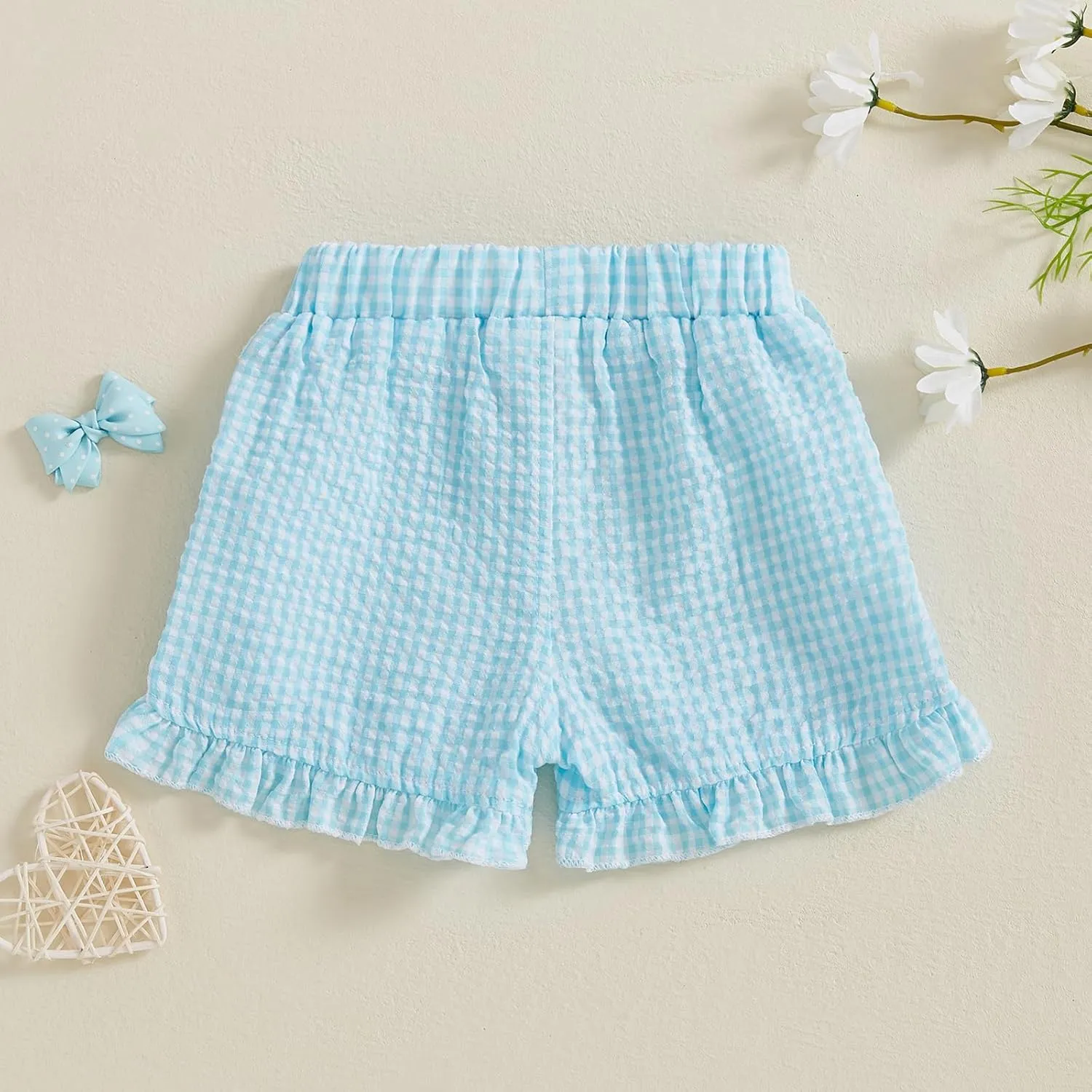 Karuedoo Toddler Baby Girl Shorts Casual Summer Gingham Plaid/Seersucker Elastic Waist Ruffle Hem Shorts Bottoms