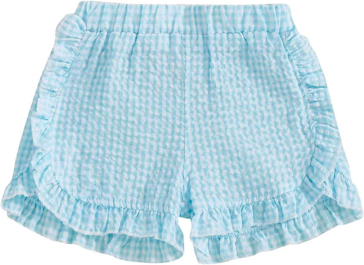 Karuedoo Toddler Baby Girl Shorts Casual Summer Gingham Plaid/Seersucker Elastic Waist Ruffle Hem Shorts Bottoms
