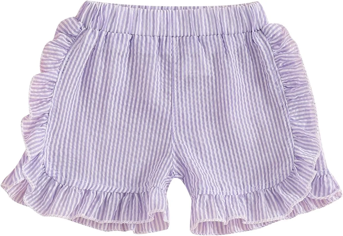 Karuedoo Toddler Baby Girl Shorts Casual Summer Gingham Plaid/Seersucker Elastic Waist Ruffle Hem Shorts Bottoms