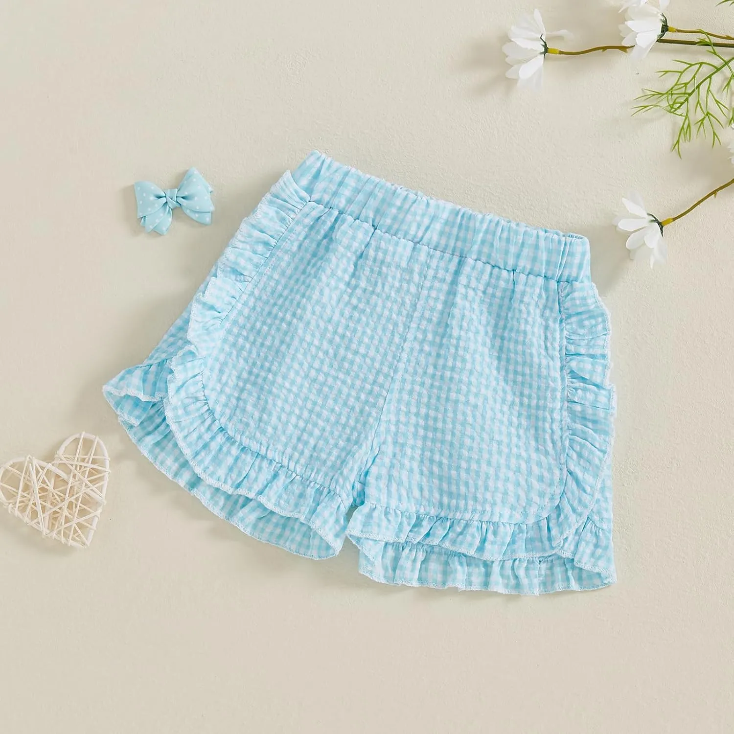 Karuedoo Toddler Baby Girl Shorts Casual Summer Gingham Plaid/Seersucker Elastic Waist Ruffle Hem Shorts Bottoms