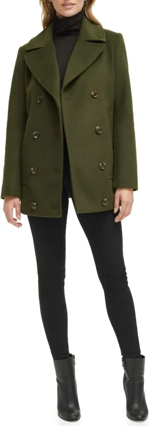 Kenneth Cole Women's Double Breast Notch Collar Button Details Wool Coat