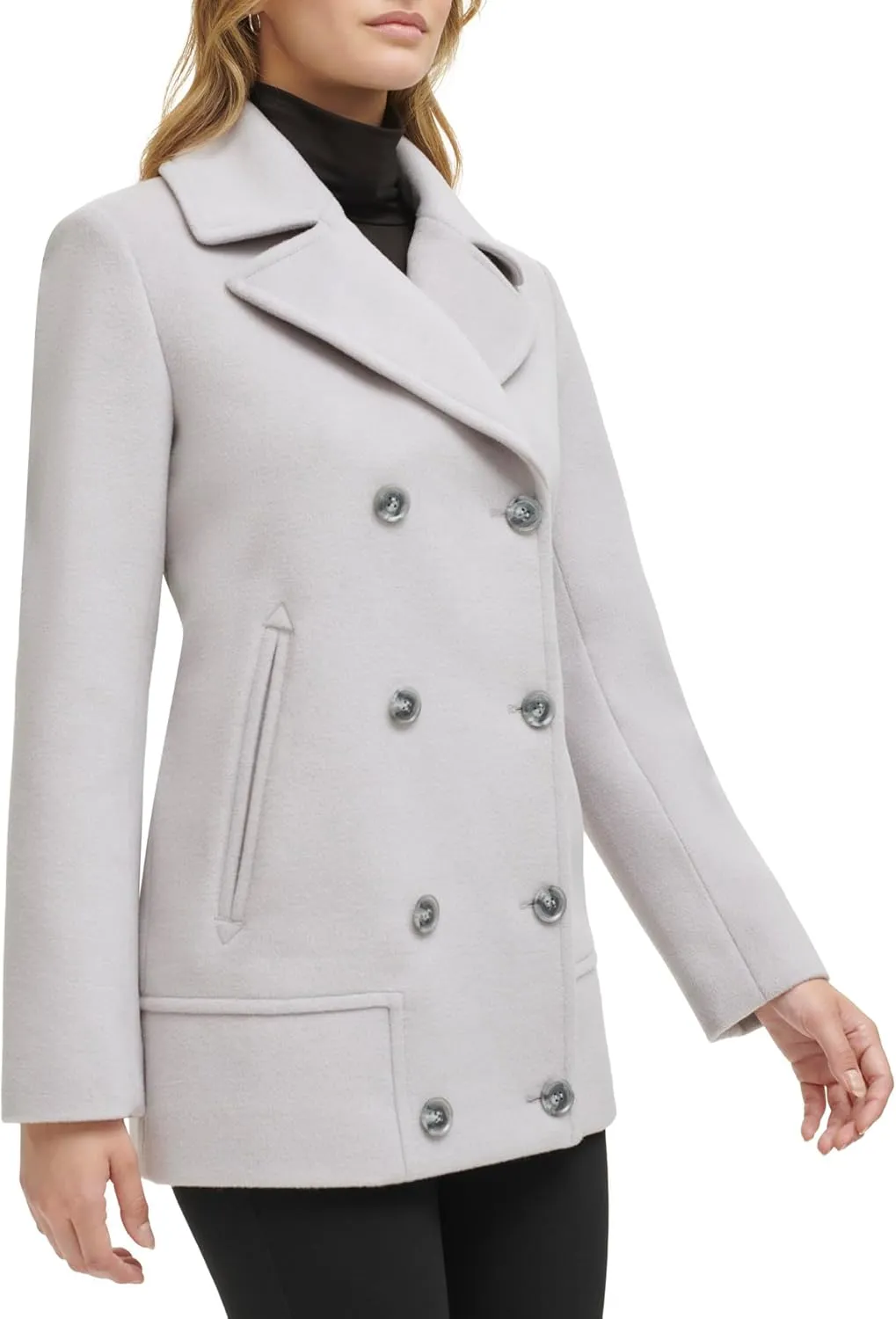 Kenneth Cole Women's Double Breast Notch Collar Button Details Wool Coat