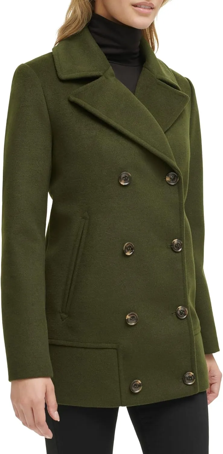 Kenneth Cole Women's Double Breast Notch Collar Button Details Wool Coat