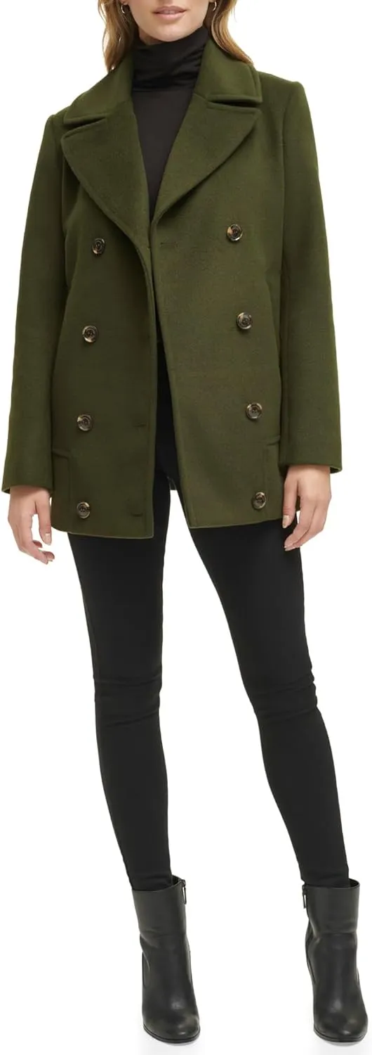 Kenneth Cole Women's Double Breast Notch Collar Button Details Wool Coat