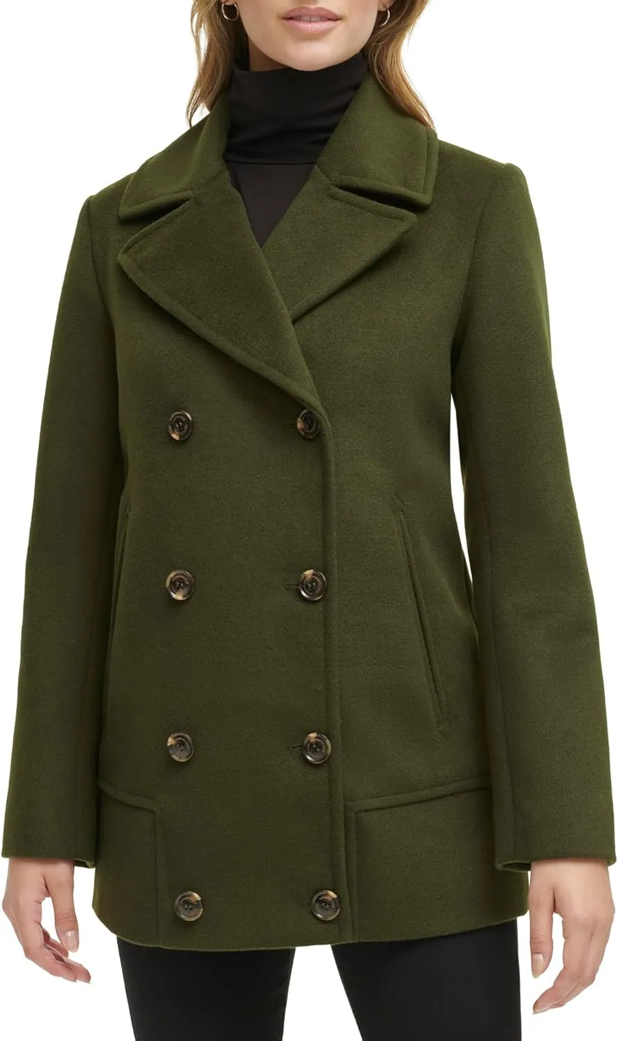 Kenneth Cole Women's Double Breast Notch Collar Button Details Wool Coat