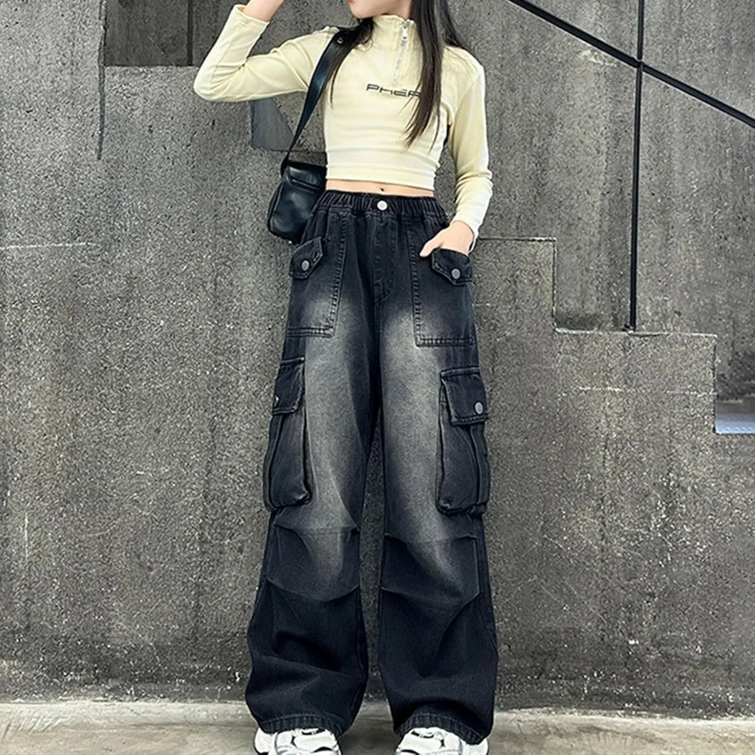 Kids Girls Baggy Jeans Y2k Streetwear Denim Cargo Pants Distressed Elastic High Waist Wide Leg Clothes Streetwear