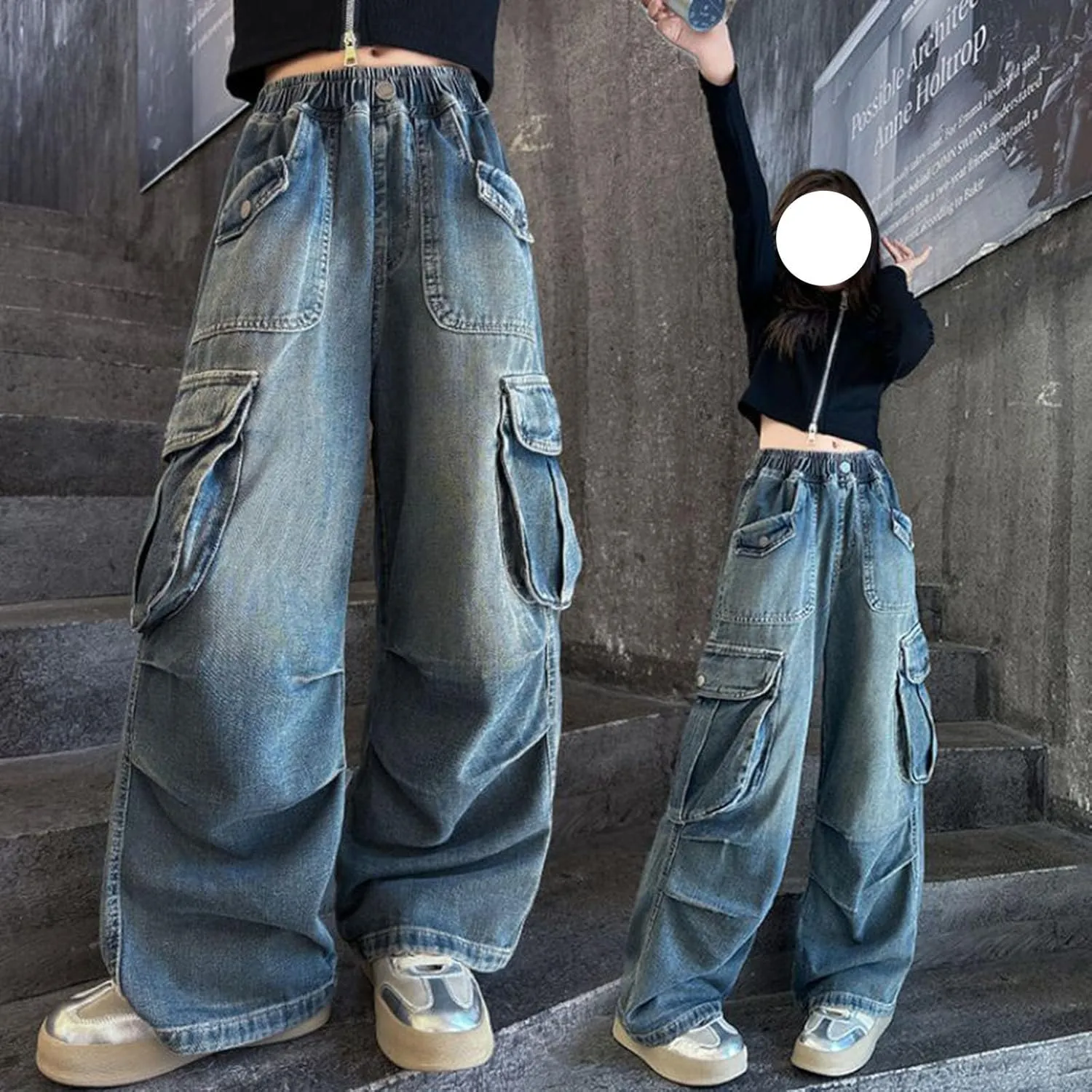 Kids Girls Baggy Jeans Y2k Streetwear Denim Cargo Pants Distressed Elastic High Waist Wide Leg Clothes Streetwear