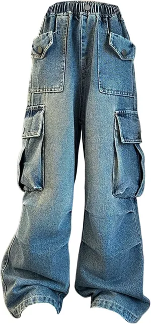 Kids Girls Baggy Jeans Y2k Streetwear Denim Cargo Pants Distressed Elastic High Waist Wide Leg Clothes Streetwear