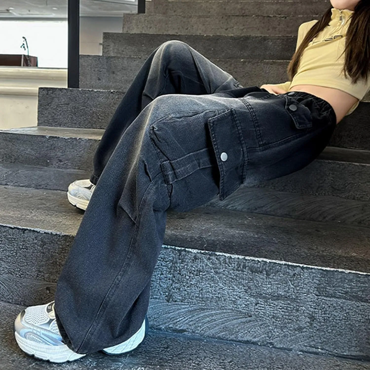 Kids Girls Baggy Jeans Y2k Streetwear Denim Cargo Pants Distressed Elastic High Waist Wide Leg Clothes Streetwear