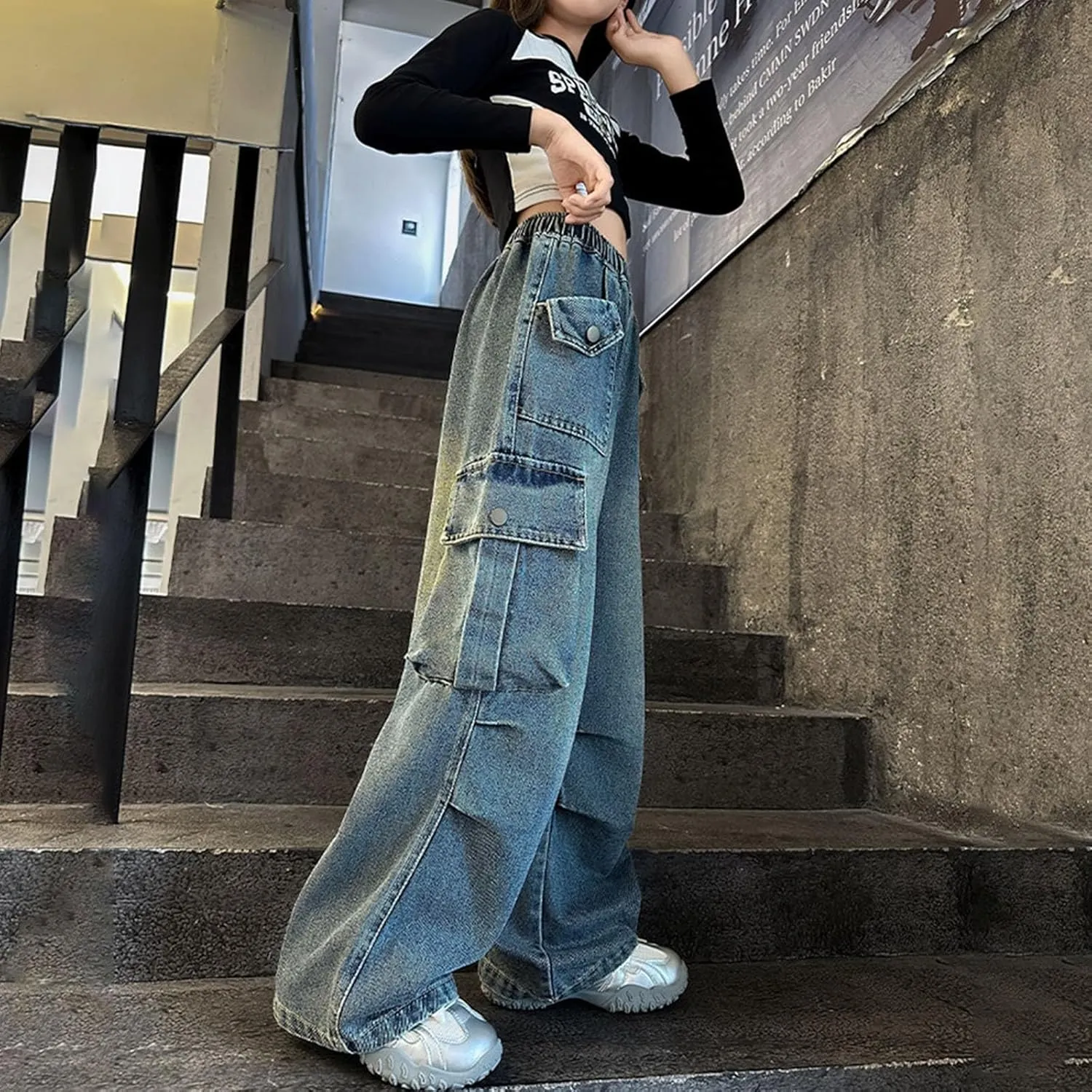 Kids Girls Baggy Jeans Y2k Streetwear Denim Cargo Pants Distressed Elastic High Waist Wide Leg Clothes Streetwear