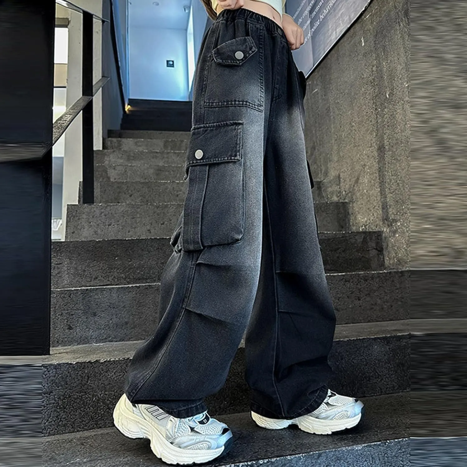 Kids Girls Baggy Jeans Y2k Streetwear Denim Cargo Pants Distressed Elastic High Waist Wide Leg Clothes Streetwear