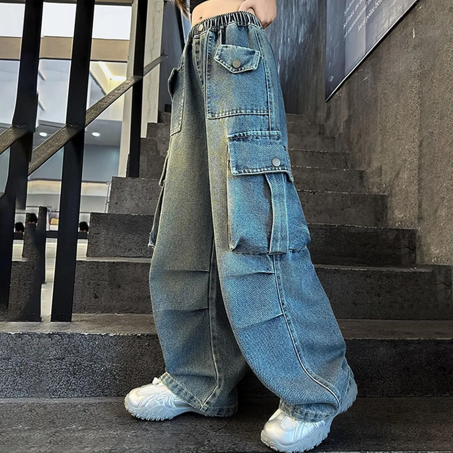 Kids Girls Baggy Jeans Y2k Streetwear Denim Cargo Pants Distressed Elastic High Waist Wide Leg Clothes Streetwear