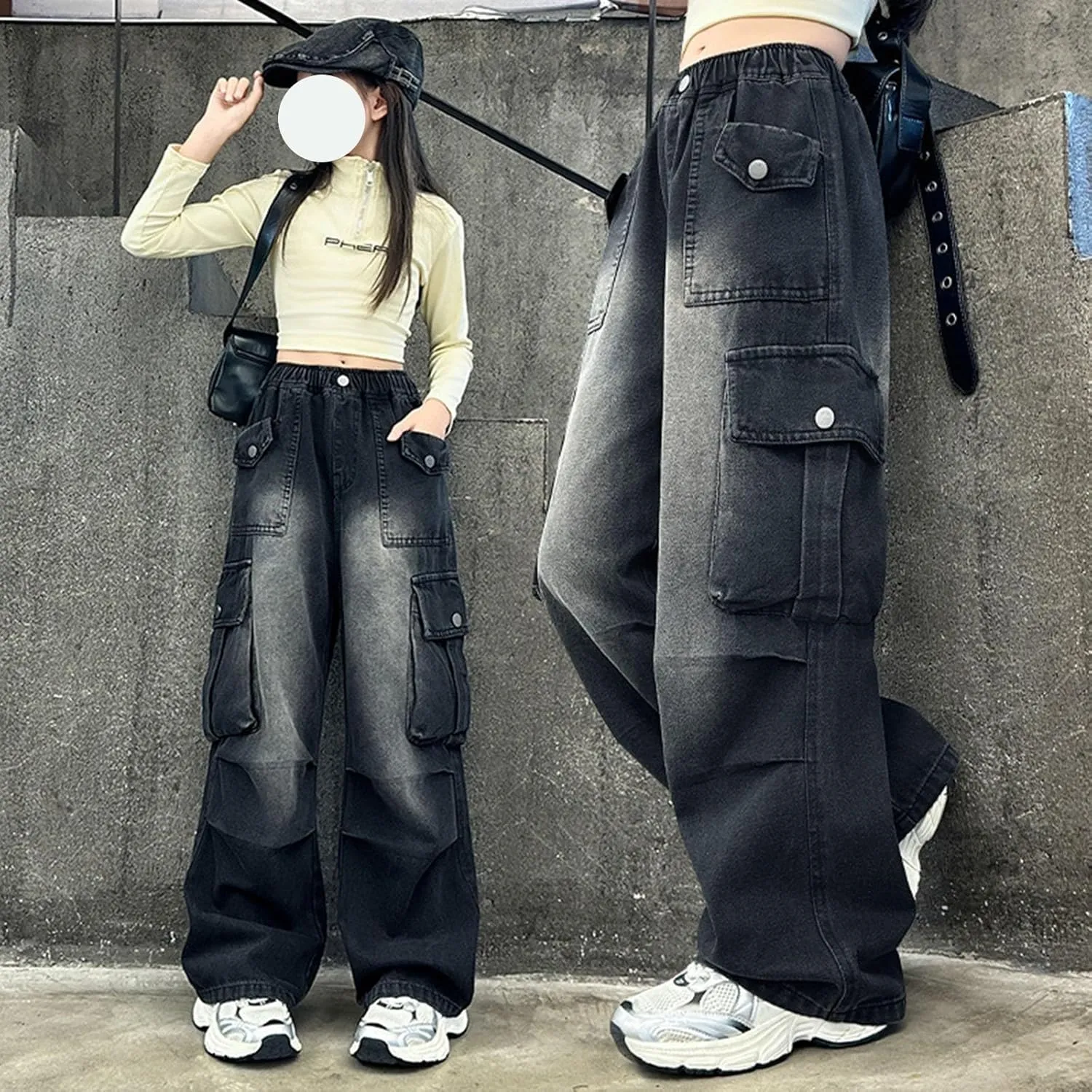 Kids Girls Baggy Jeans Y2k Streetwear Denim Cargo Pants Distressed Elastic High Waist Wide Leg Clothes Streetwear