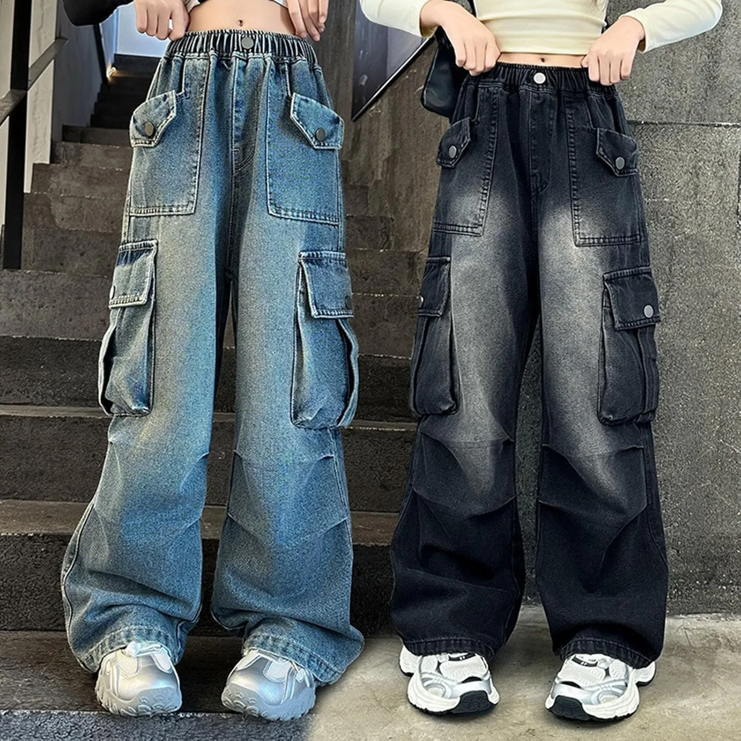Kids Girls Baggy Jeans Y2k Streetwear Denim Cargo Pants Distressed Elastic High Waist Wide Leg Clothes Streetwear