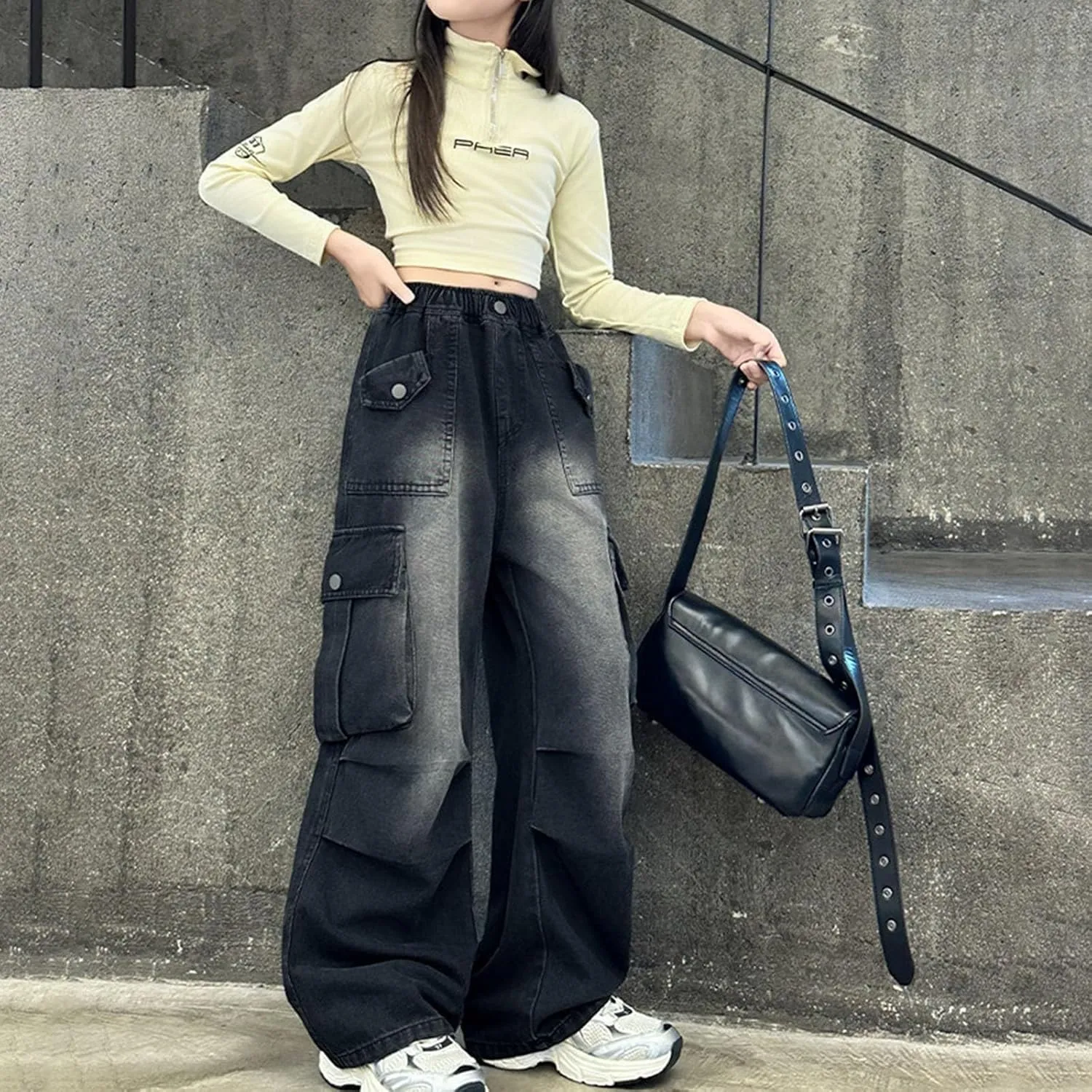 Kids Girls Baggy Jeans Y2k Streetwear Denim Cargo Pants Distressed Elastic High Waist Wide Leg Clothes Streetwear