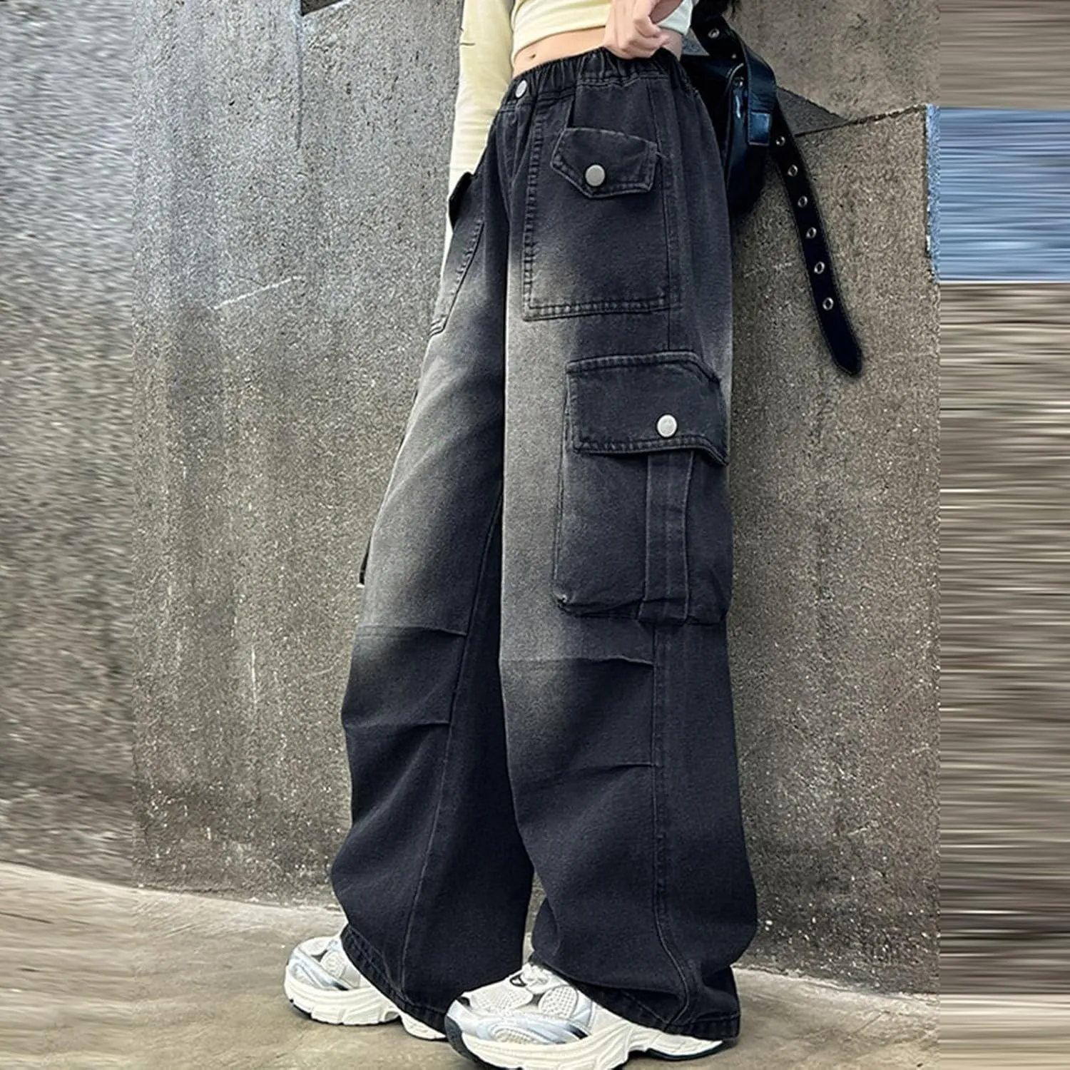 Kids Girls Baggy Jeans Y2k Streetwear Denim Cargo Pants Distressed Elastic High Waist Wide Leg Clothes Streetwear