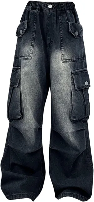 Kids Girls Baggy Jeans Y2k Streetwear Denim Cargo Pants Distressed Elastic High Waist Wide Leg Clothes Streetwear
