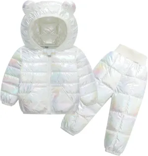 Kids Two Piece Winter Suit Baby Toddler Boy Girl Down Puffer Jackets Bear Hoods Down Coat and Pants (White, 4-5 Years)