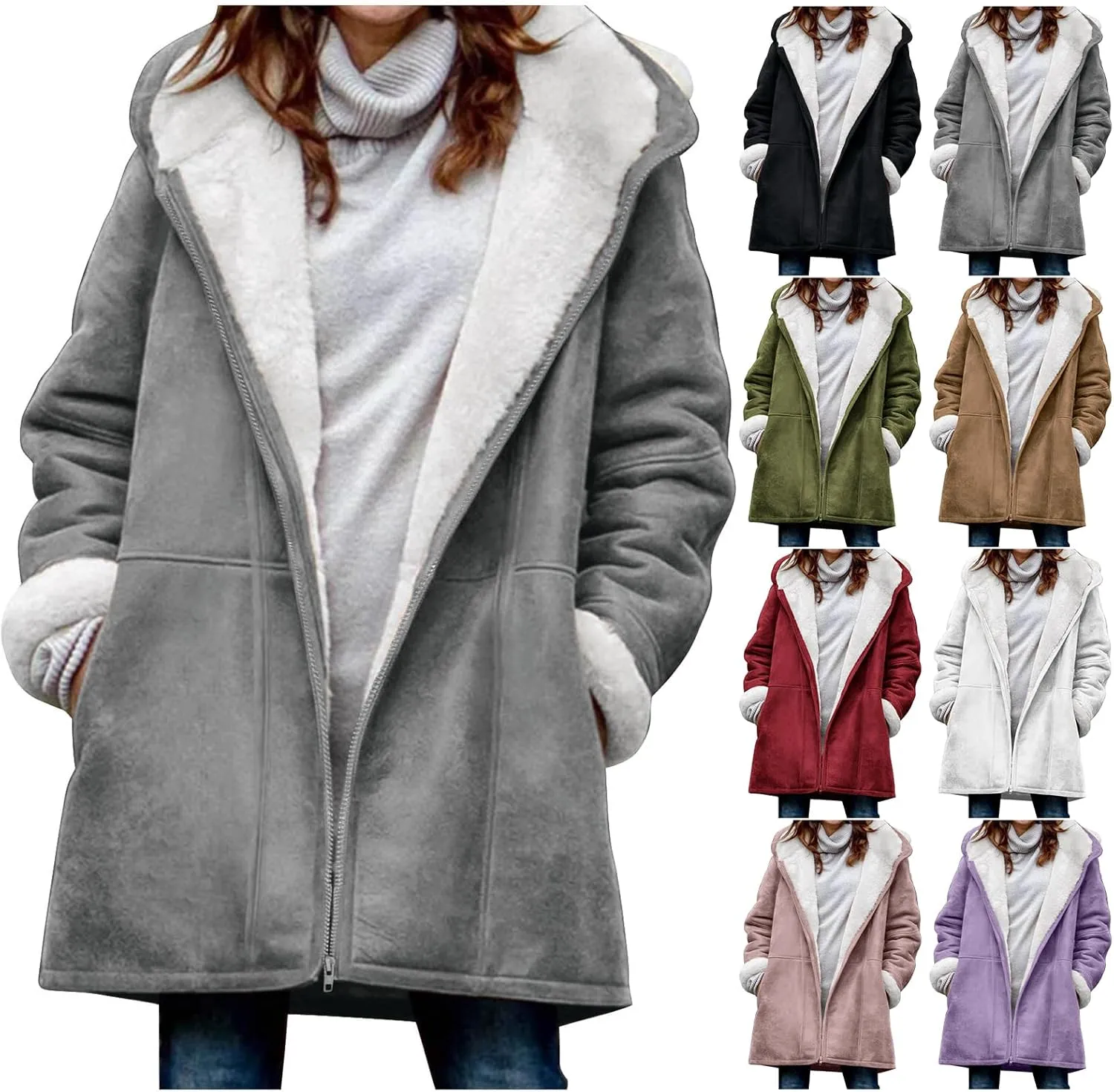 Kubbon Womens Sherpa Lined Jacket Fall Winter Fashion Fuzzy Fleece Lined Faux Suede Coat Hooded Distressed Jackets Outerwear