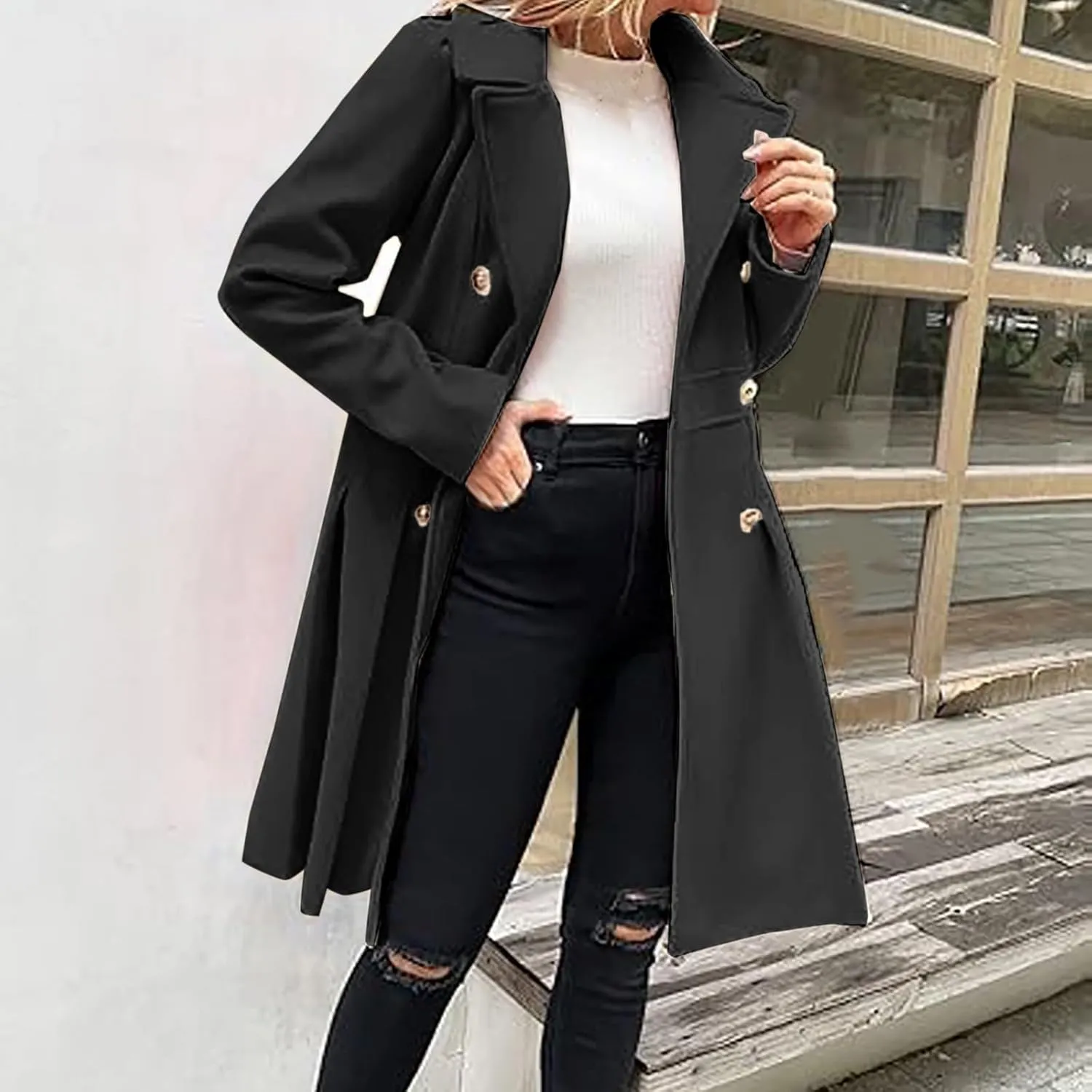 Kubbon Womens Wool Blend Coat Notched Lapel Collar Double Breasted Pea Coat Dressy Long Sleeve Work Office Trench Coat