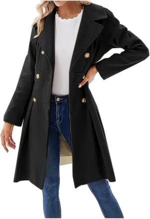 Kubbon Womens Wool Blend Coat Notched Lapel Collar Double Breasted Pea Coat Dressy Long Sleeve Work Office Trench Coat