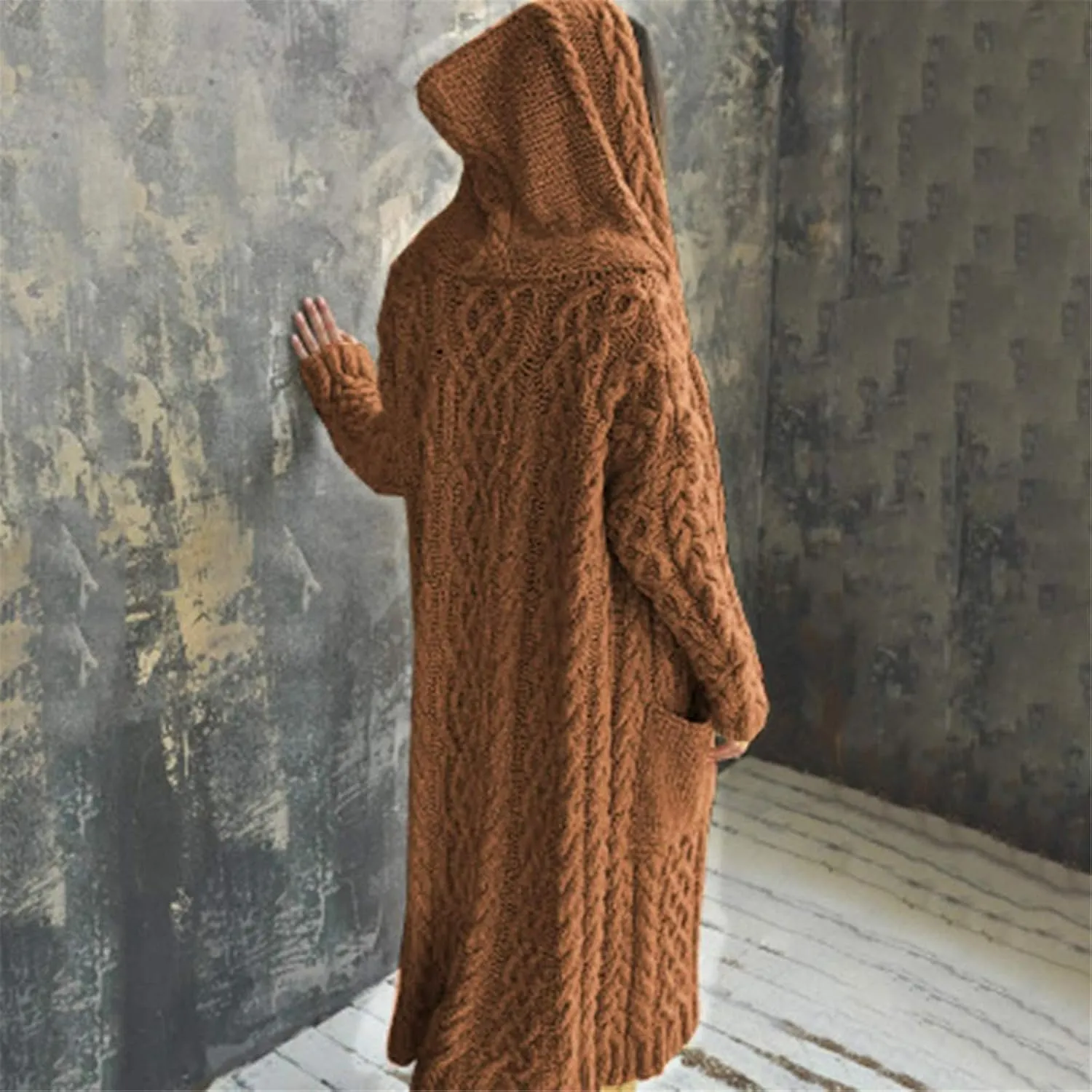 Lastesso 2023 Fall Cardigan for Women Soft Long Knit Overcoat Oversize Open Front Cable Knit Hooded Coat Trendy Sweater