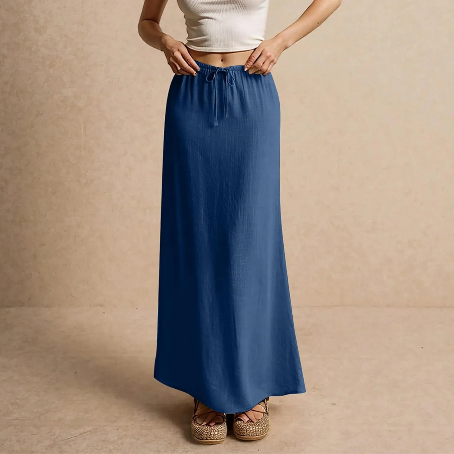 Linen Flared Maxi Skirt Elastic High Waist Drawstring Skirts Dressy Casual Flowy Ankle-Length Skirts with Back Slit