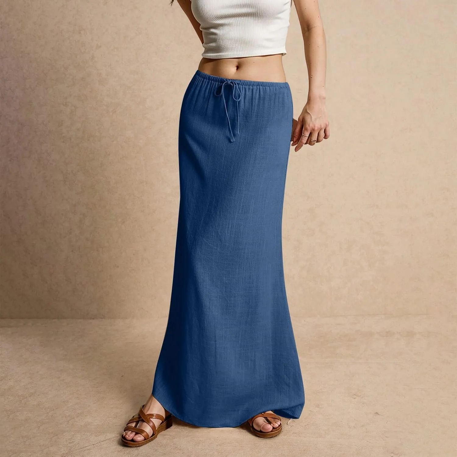 Linen Flared Maxi Skirt Elastic High Waist Drawstring Skirts Dressy Casual Flowy Ankle-Length Skirts with Back Slit