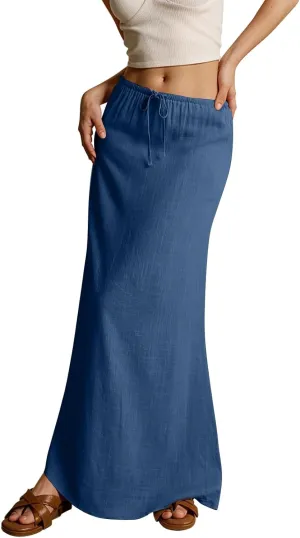 Linen Flared Maxi Skirt Elastic High Waist Drawstring Skirts Dressy Casual Flowy Ankle-Length Skirts with Back Slit
