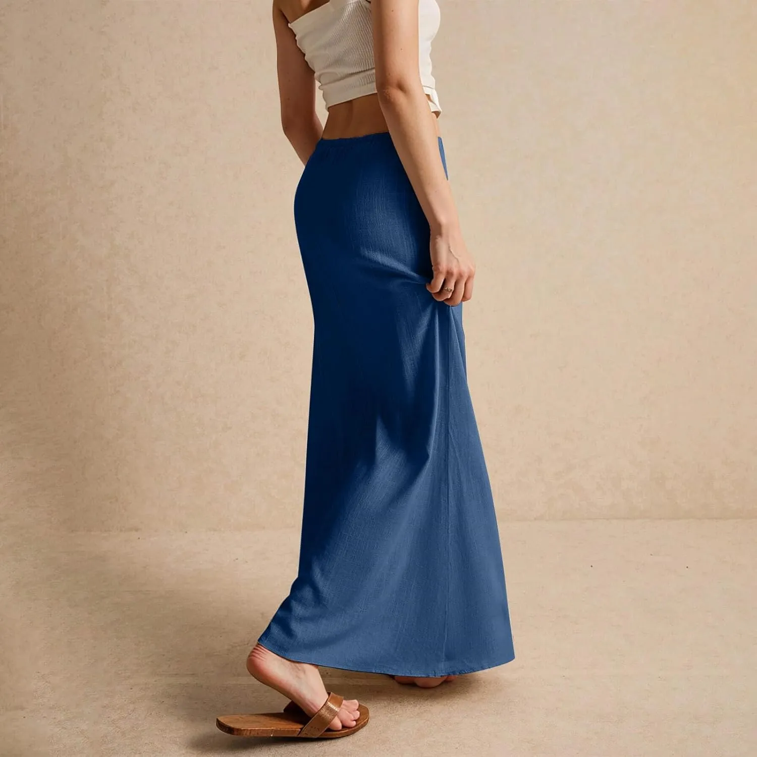 Linen Flared Maxi Skirt Elastic High Waist Drawstring Skirts Dressy Casual Flowy Ankle-Length Skirts with Back Slit