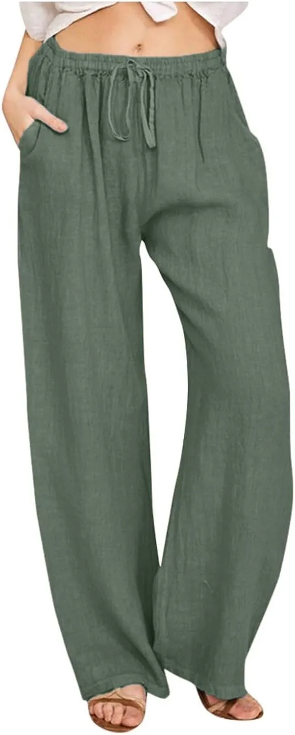 Linen Pants Women Summer Casual Baggy Wide Leg Pants Drawstring High Waisted Palazzo Pants with Pockets Travel Pants