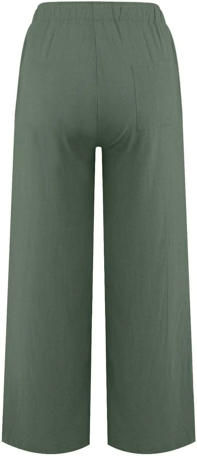 Linen Pants Women Summer Casual Baggy Wide Leg Pants Drawstring High Waisted Palazzo Pants with Pockets Travel Pants